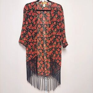 Dolce Bonita Rose Floral Sheer Kimono Duster Fringe L Whimsigoth Romantic
